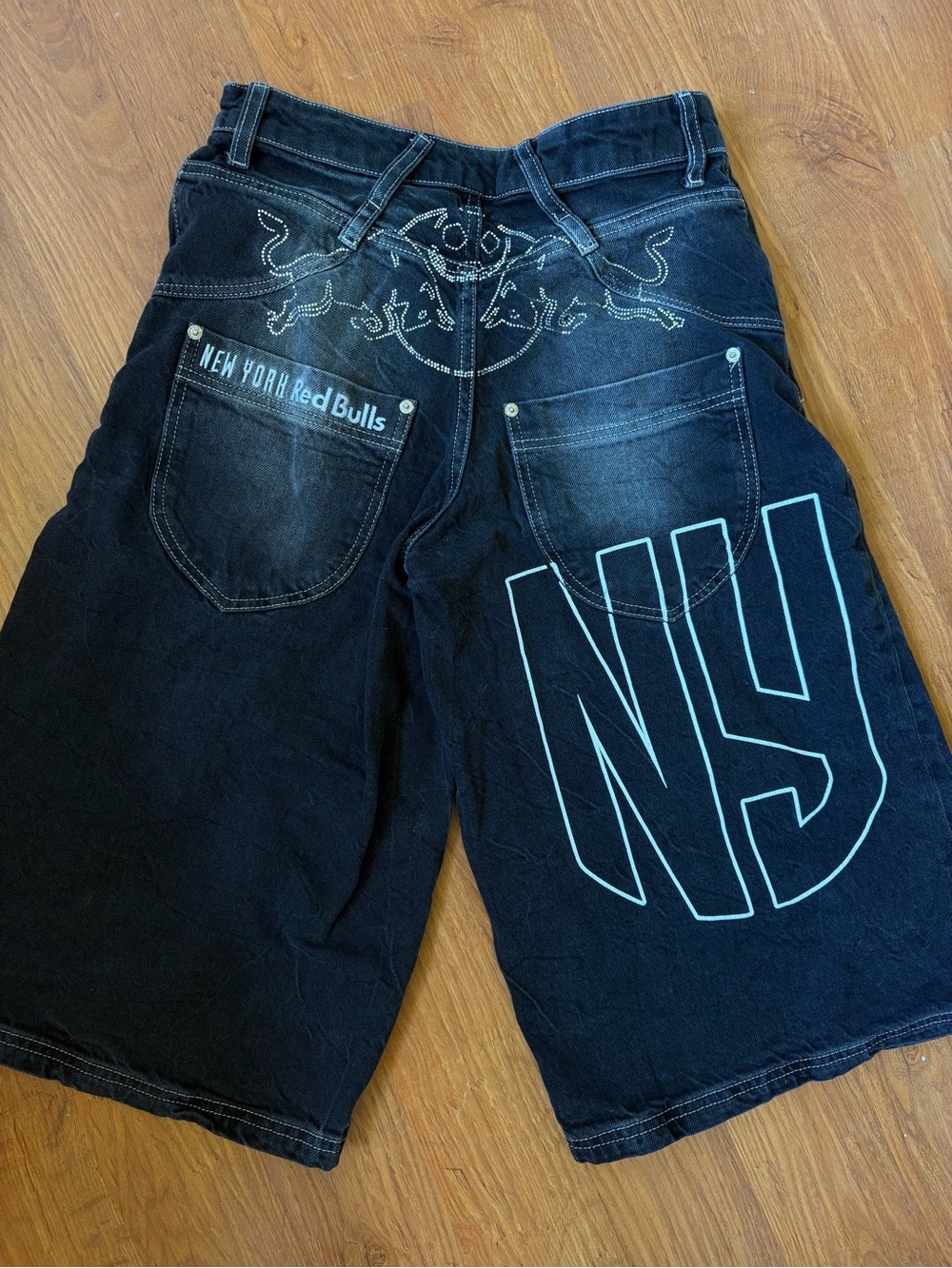 Bershka Black Jean Shorts with Light Blue NY Graphic